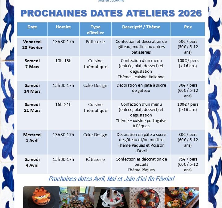Dates Ateliers culinaires disponibles!