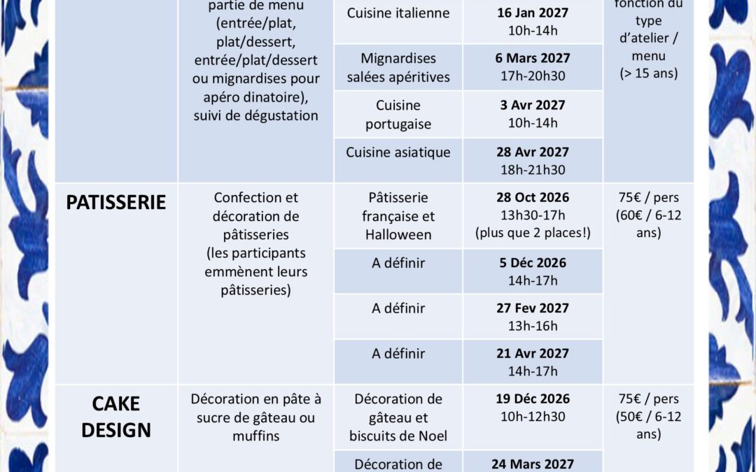 Nouvelles dates de mes ateliers culinaires disponibles!